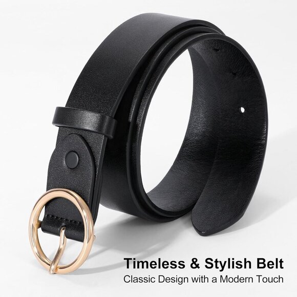 Women Leather Belt with Circle Gold Buckle Fashion Ladies Waist Belt Black Gold main image 8